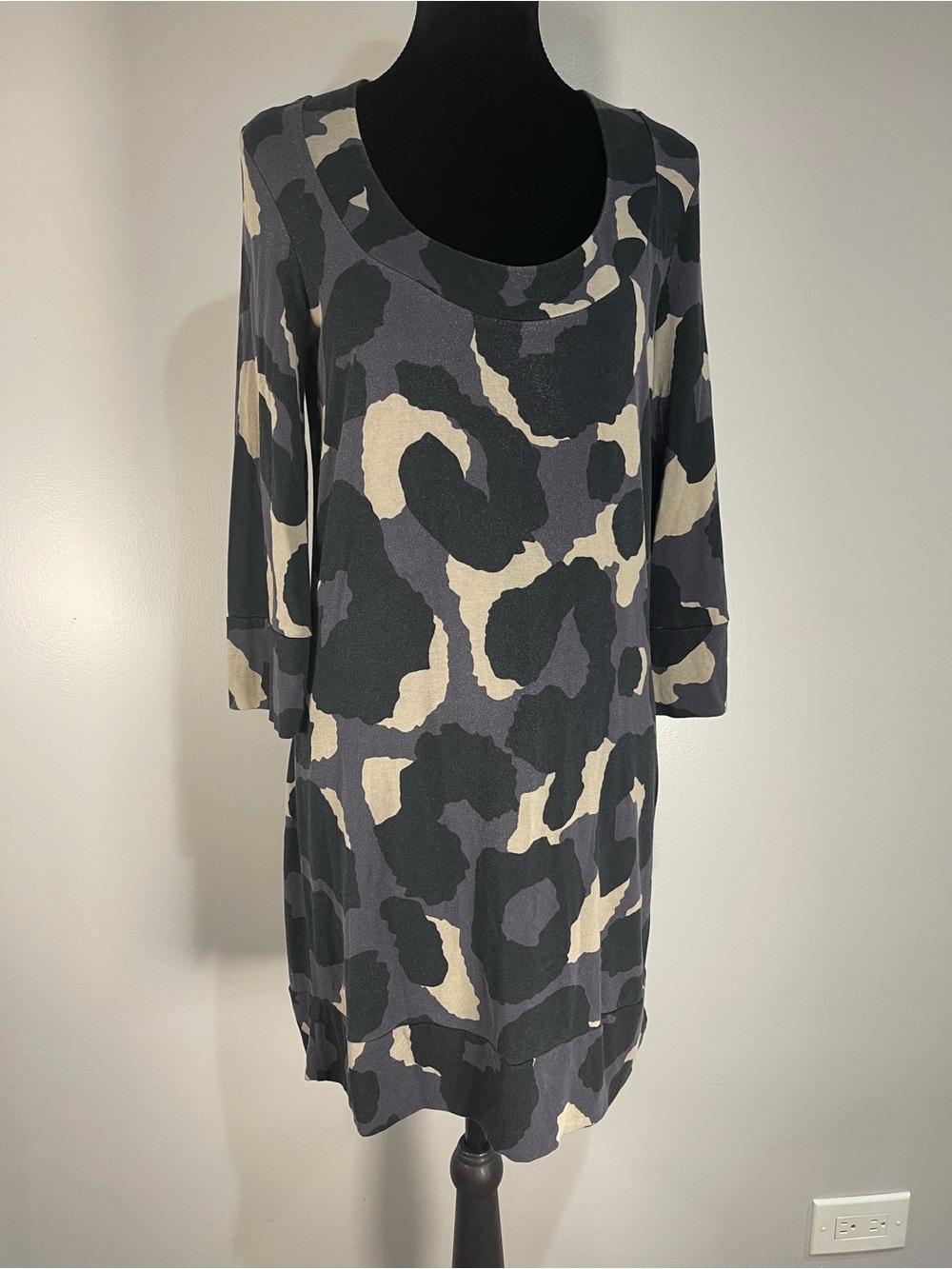 Boden Gray Abstract Leopard Print Scoop Neck Tunic Dress - US 10